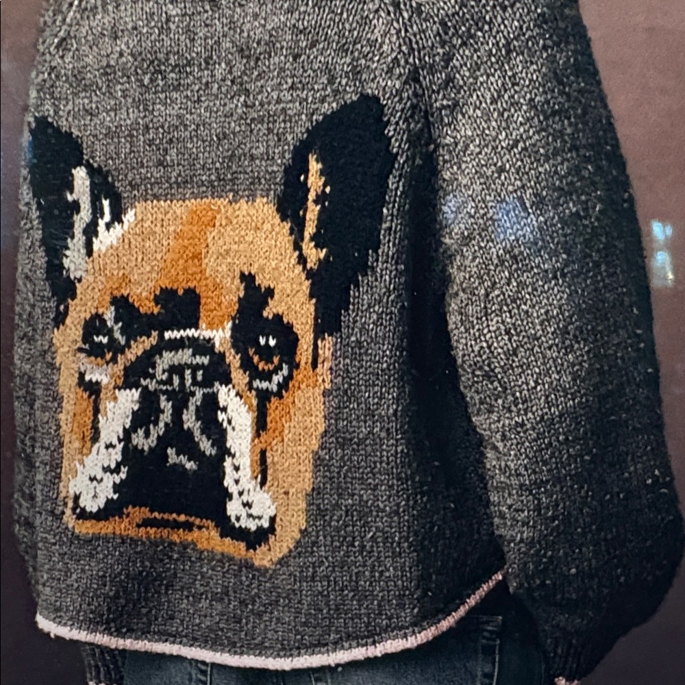 Pilcro Charcoal Gray Cardigan with Dog Intarsia and Pink Trim - Picture 12 of 15